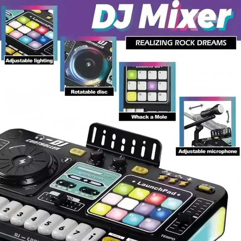 Kids Simulation DJ Mixer Controller Toys with features highlighted on a promotional graphic