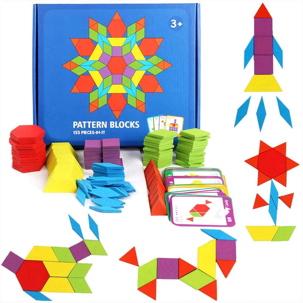 155 Pcs Wooden Pattern Blocks Set Geometric Shape Puzzle Kindergarten Classic Educational Montessori Tangram Toys for Kids Atypical Journey Store