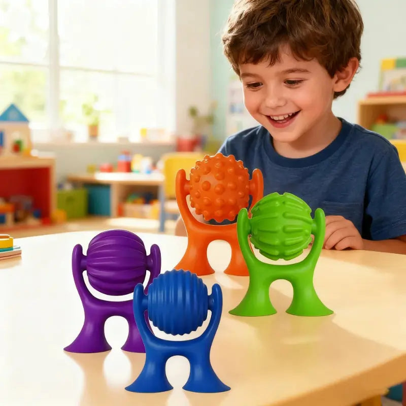 Child playing with colorful textured balls on a table in a classroom setting