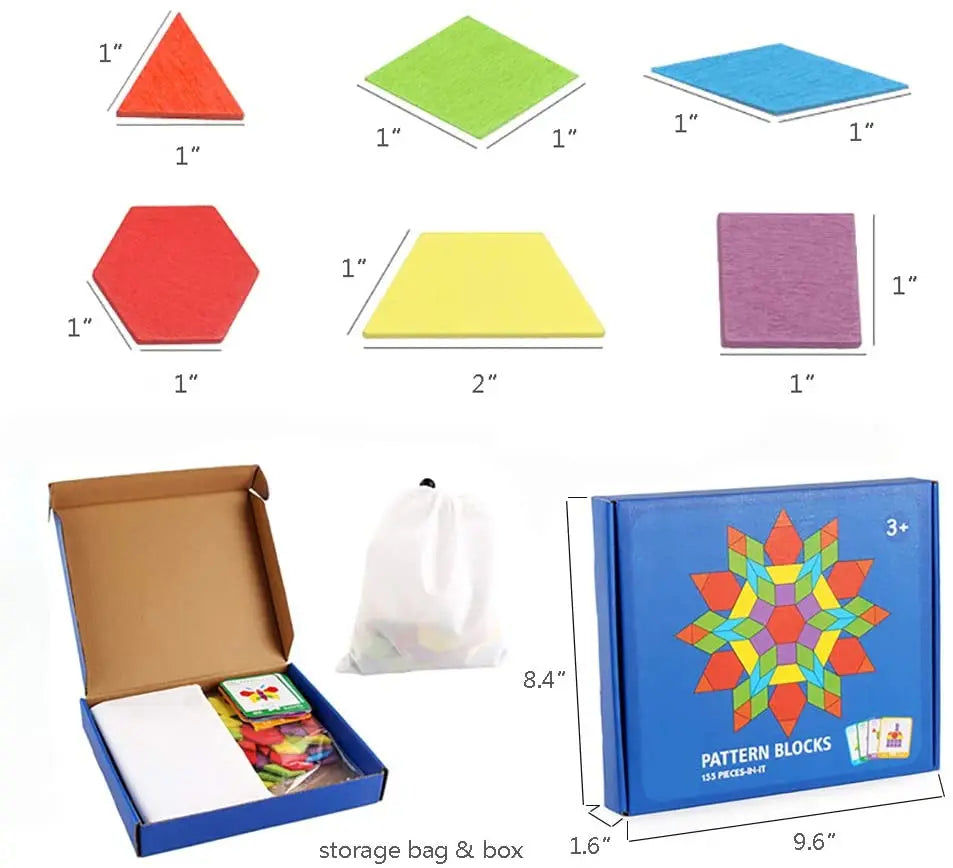 155 Pcs Wooden Pattern Blocks Set Geometric Shape Puzzle Kindergarten Classic Educational Montessori Tangram Toys for Kids Atypical Journey Store