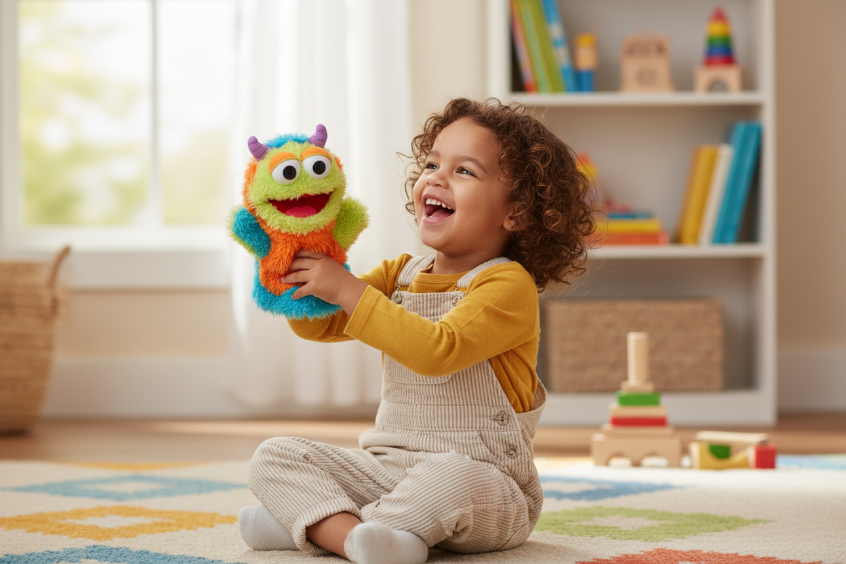Child playing with a colorful toy in a room with toys and books on shelves.