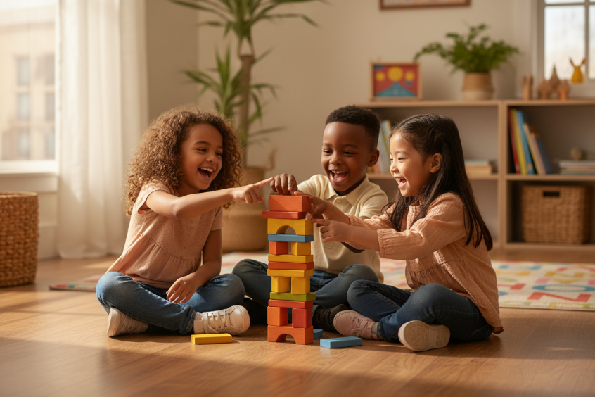 Three children playing with colorful building blocks in a room with a bookshelf and plants.